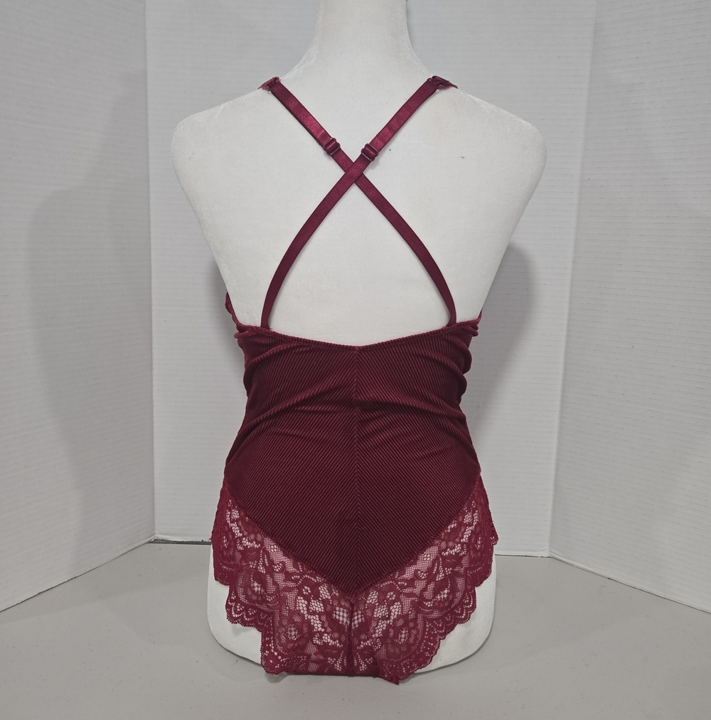 NWT Burgundy Lace Velvet Sheer Lingerie Bodysuit Stretch Bridal Small Sexy - Picture 5 of 6